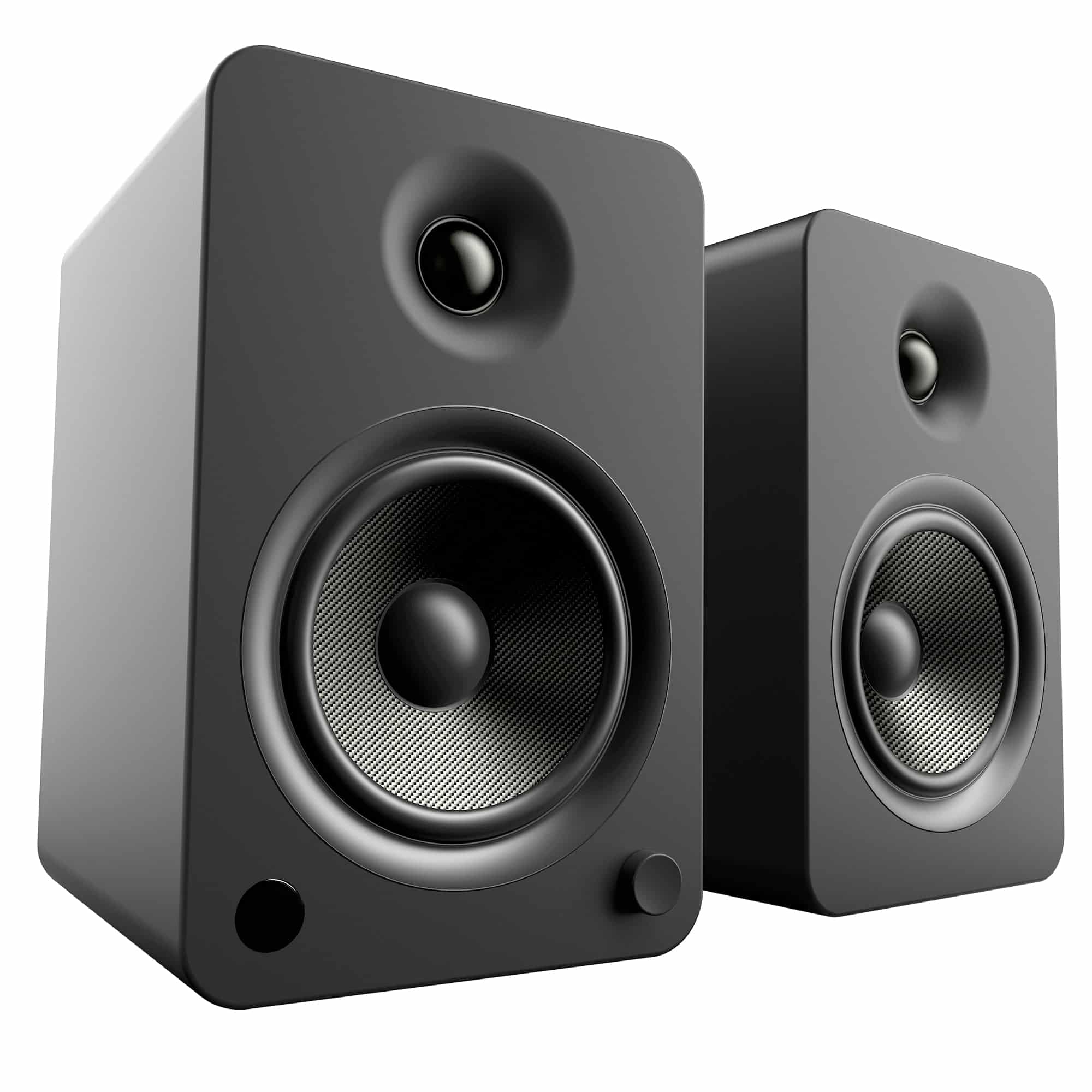 Kanto Yu6 200W Powered Bookshelf Speakers With Bluetooth® And Phono Preamp - Pair, Matte Black Pair of black bookshelf speakers with large carbon-fiber cone woofers and circular tweeters.