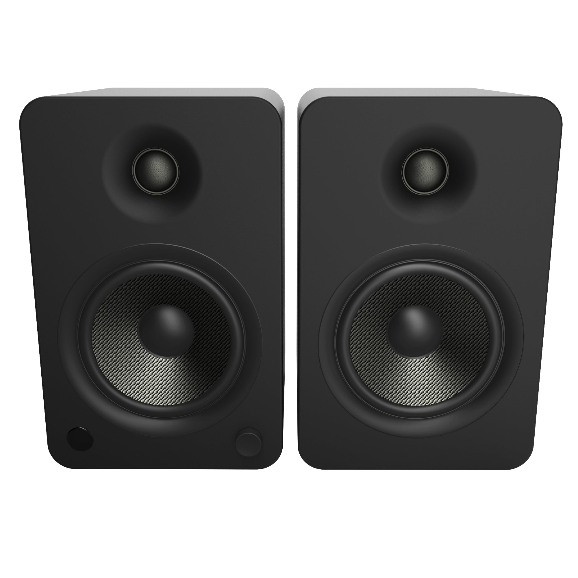 Kanto Yu6 200W Powered Bookshelf Speakers With Bluetooth® And Phono Preamp - Pair, Matte Black Pair of black stereo bookshelf speakers with large woofer and small tweeter, desktop design.