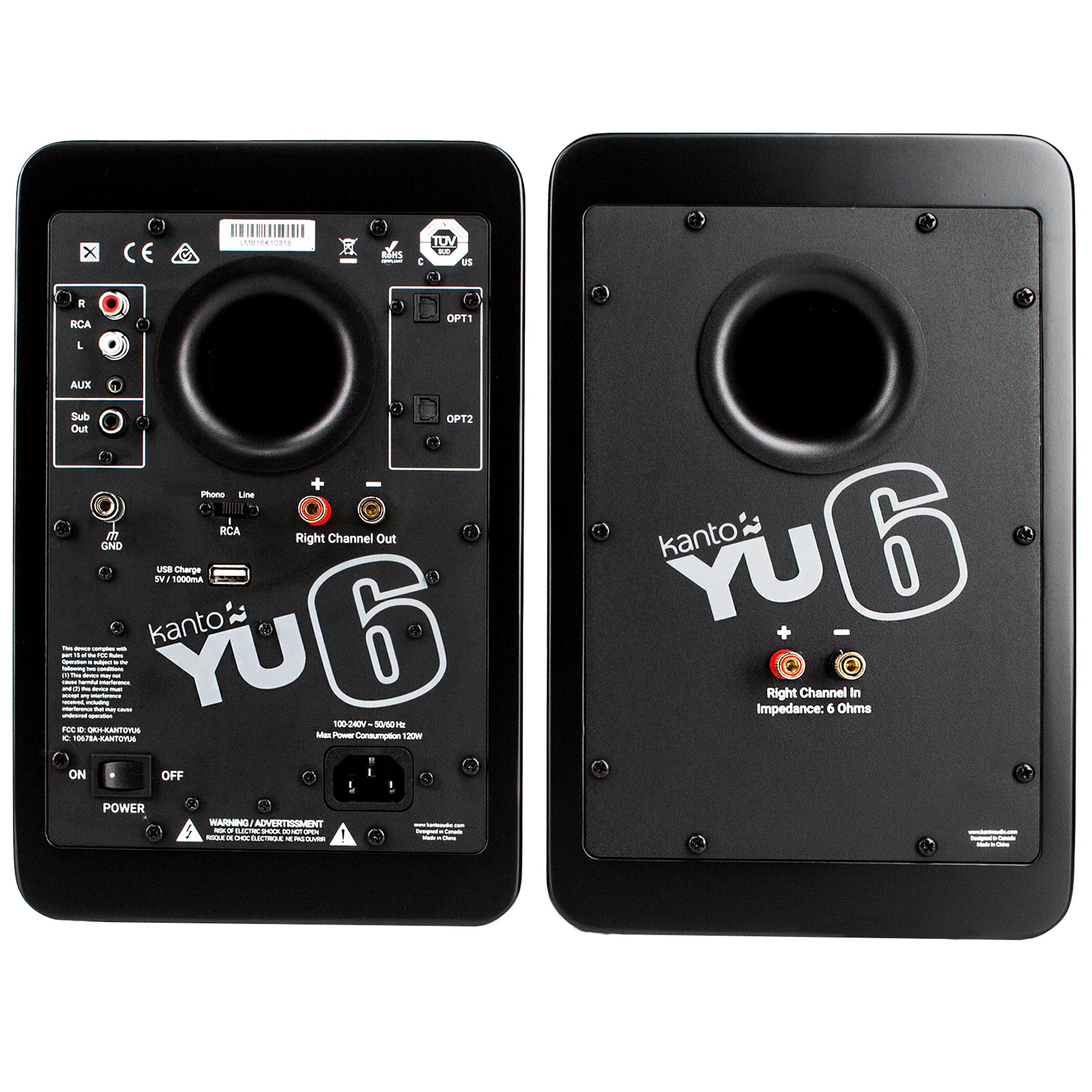 Kanto Yu6 200W Powered Bookshelf Speakers With Bluetooth® And Phono Preamp - Pair, Matte Black Pair of black kanto yu6 powered bookshelf speakers; back panels show rca, aux, usb inputs and power switch.