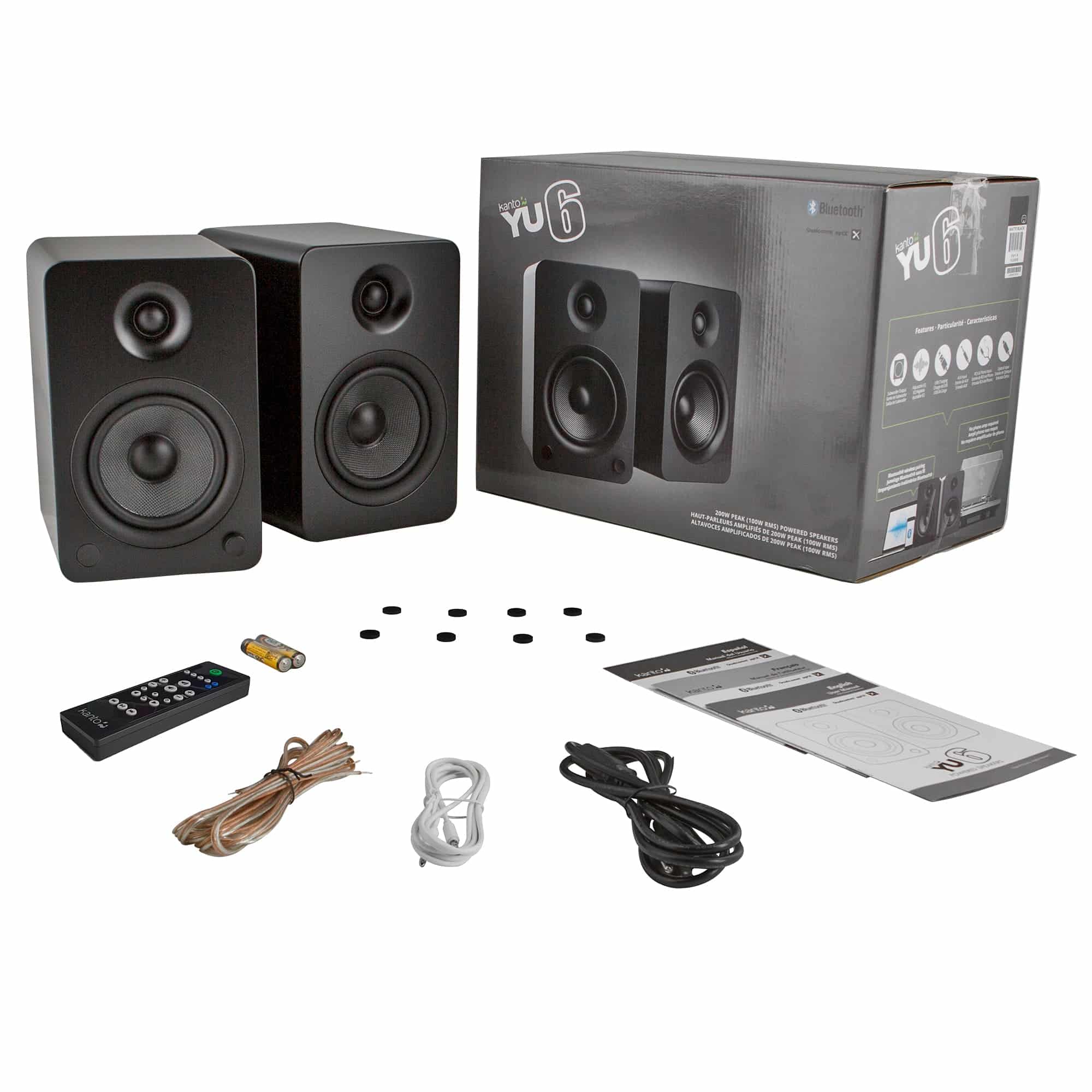 Kanto Yu6 200W Powered Bookshelf Speakers With Bluetooth® And Phono Preamp - Pair, Matte Black Two black kanto yu6 powered bookshelf speakers with packaging, remote and cables.