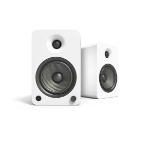 Pair of white hi-fi speakers with black woofers and tweeters, rounded corners and minimalist design.