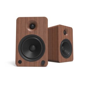 Pair of wood veneer bookshelf speakers with black drivers.