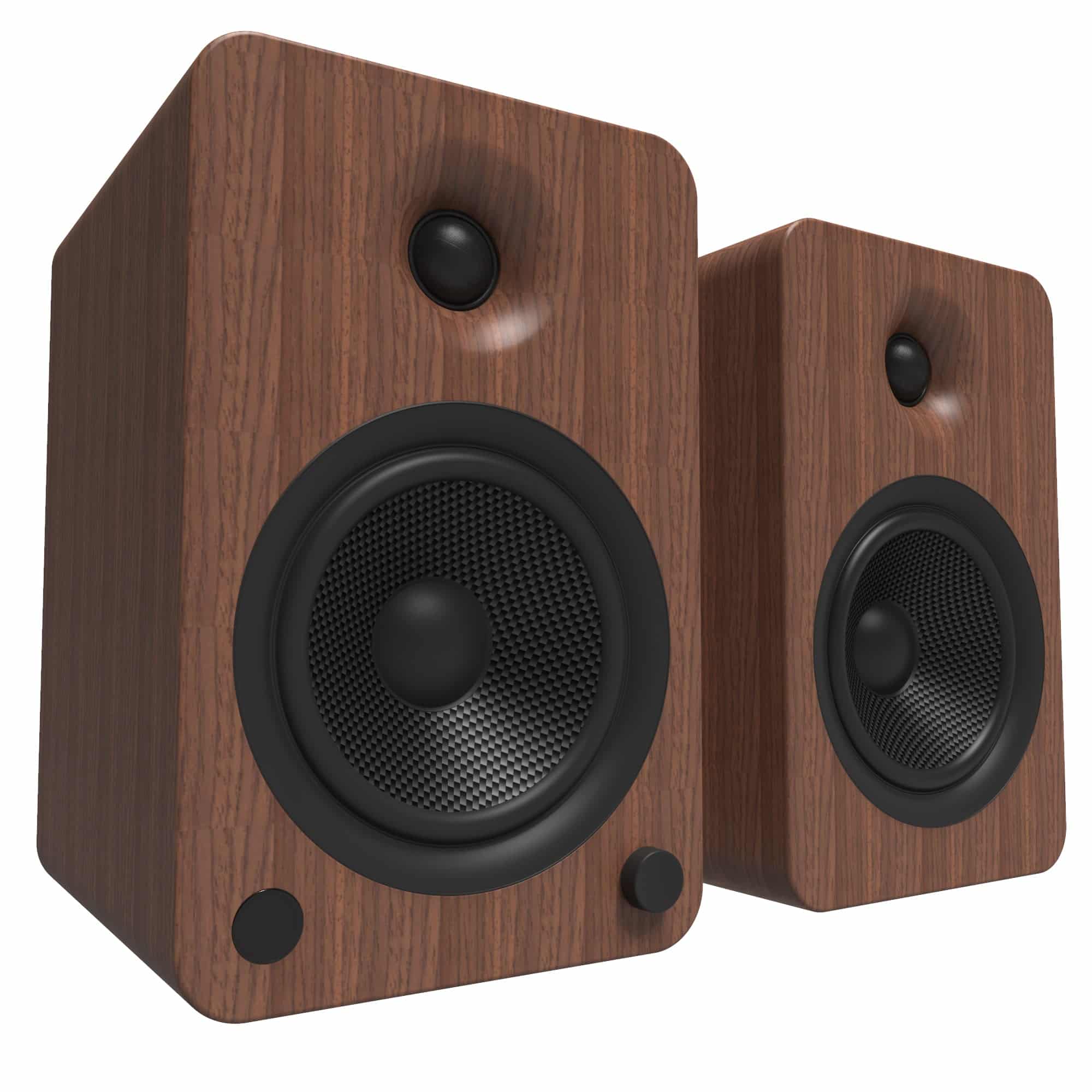 Kanto Yu6 200W Powered Bookshelf Speakers With Bluetooth® And Phono Preamp - Pair, Walnut Pair of walnut-finish bookshelf speakers with two drivers and rounded corners.