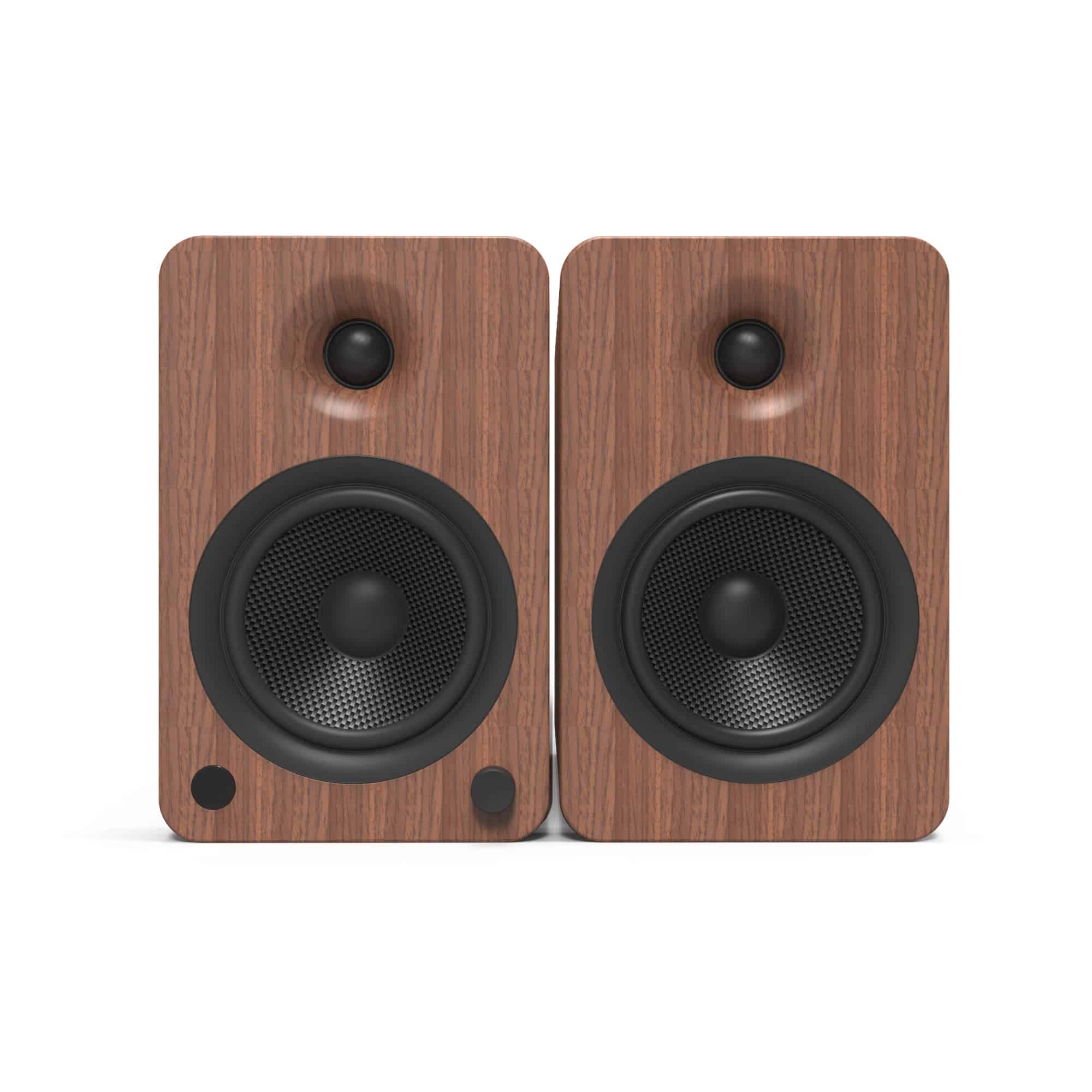 Kanto Yu6 200W Powered Bookshelf Speakers With Bluetooth® And Phono Preamp - Pair, Walnut Pair of wooden speakers with large black woofers and smaller black tweeters.