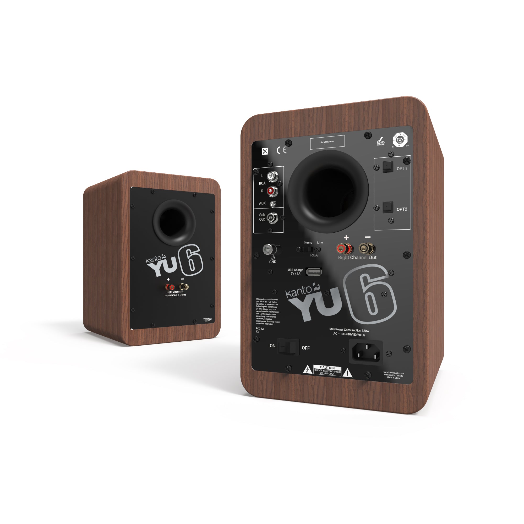 Kanto Yu6 200W Powered Bookshelf Speakers With Bluetooth® And Phono Preamp - Pair, Walnut Pair of wooden bookshelf speakers with black rear panels labeled kanto yu6 and multiple input ports.
