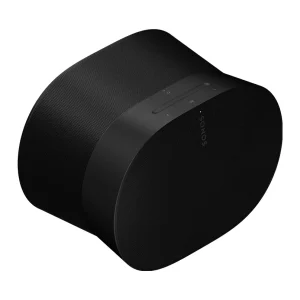 Sonos portable wireless speaker, black cylindrical design with fabric grille and top control panel.