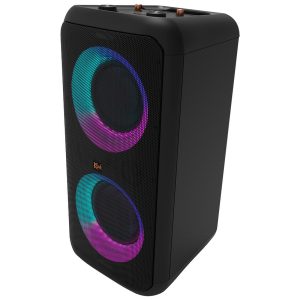Black wireless Bluetooth speaker with two RGB-lit front drivers and a textured grille, top control knobs.