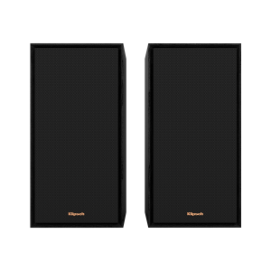 Pair of black Klipsch floor-standing speakers with textured grille fabric and copper logos.