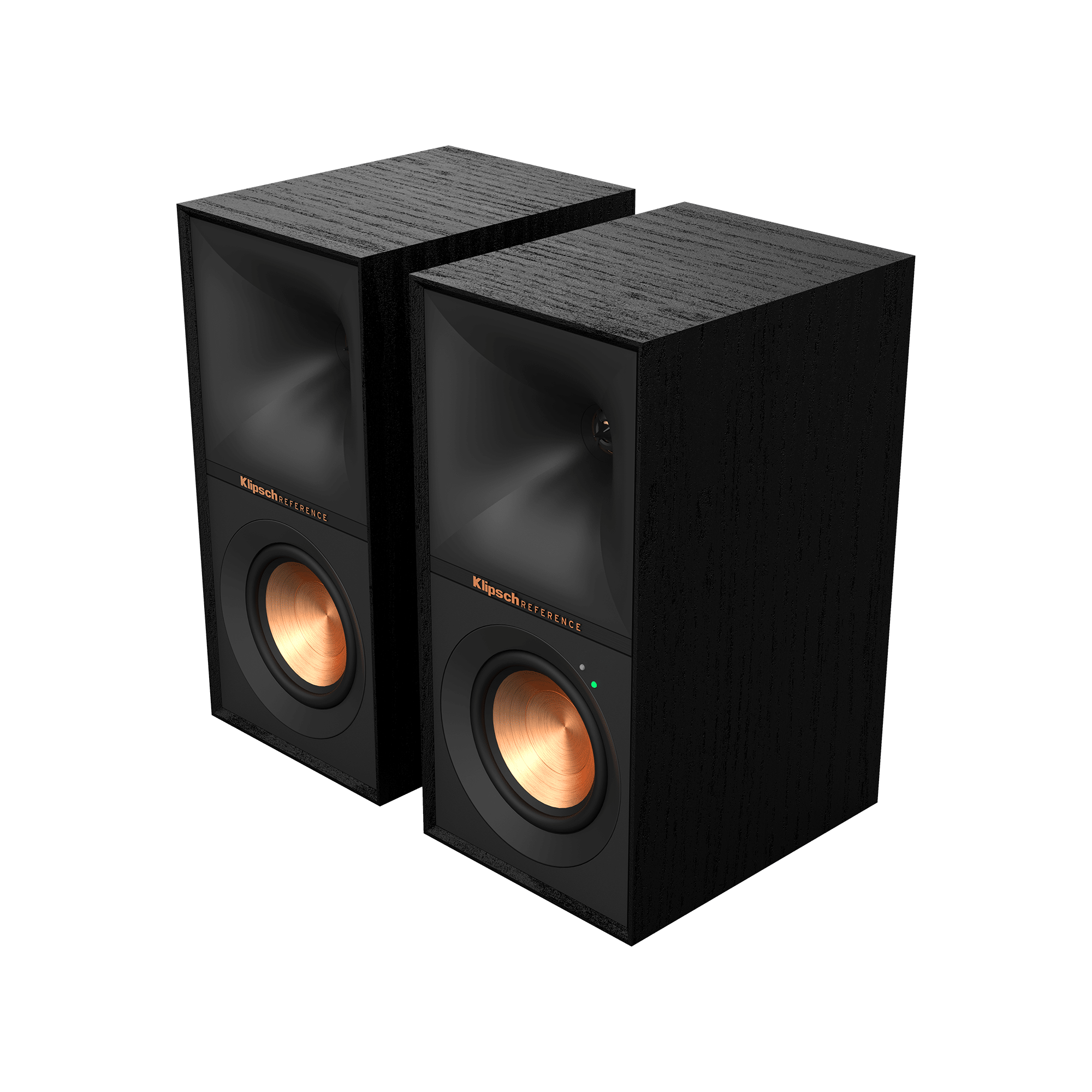 Klipsch R-40Pm Pair of klipsch reference floorstanding loudspeakers with black woodgrain cabinets and copper-colored woofers.