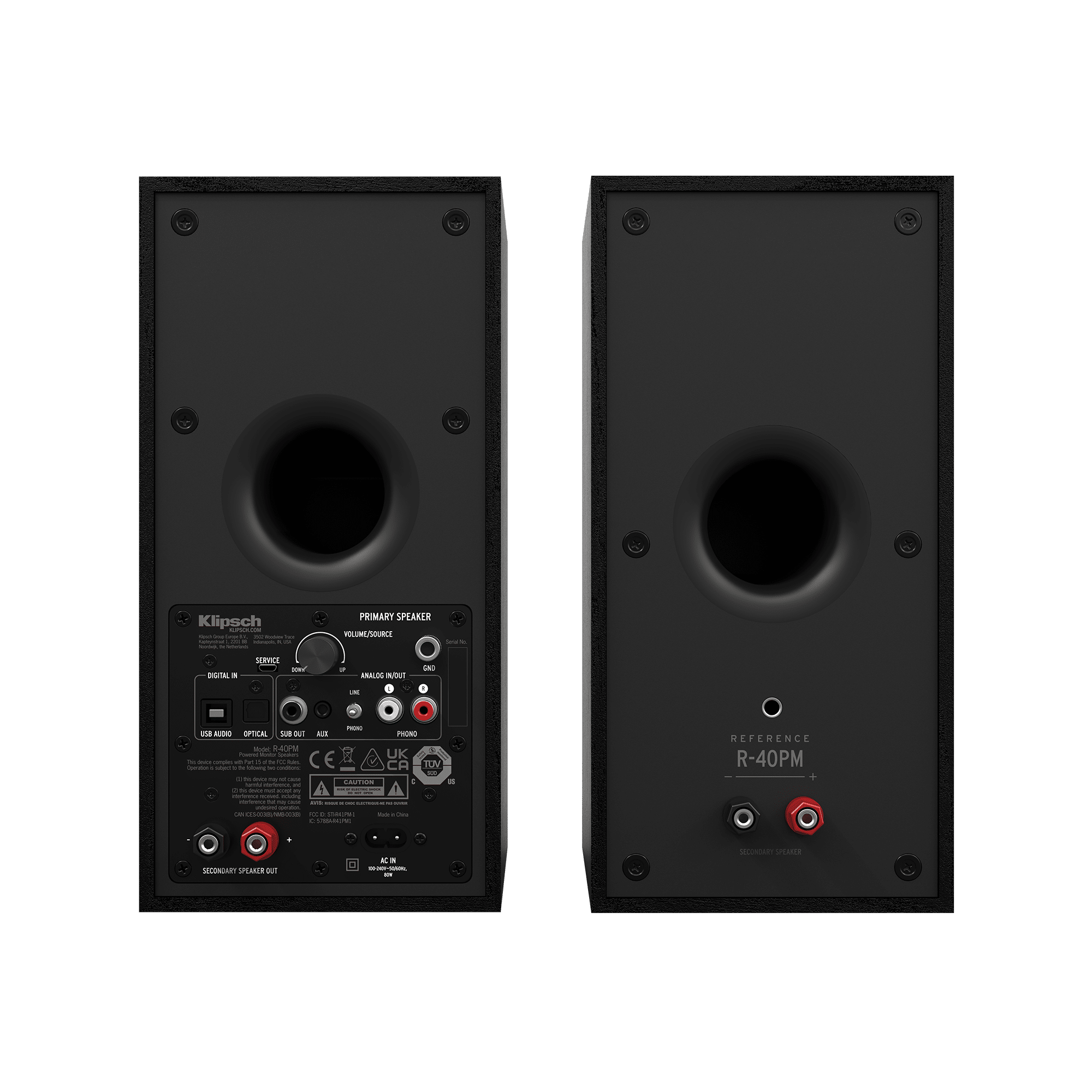 Klipsch R-40Pm Two klipsch reference r-40pm powered bookshelf speakers viewed from the rear with input panel and binding posts.