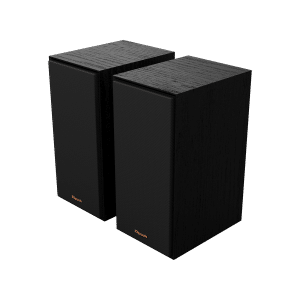 Two black Klipsch floorstanding speakers with woodgrain tops and textured front grills.