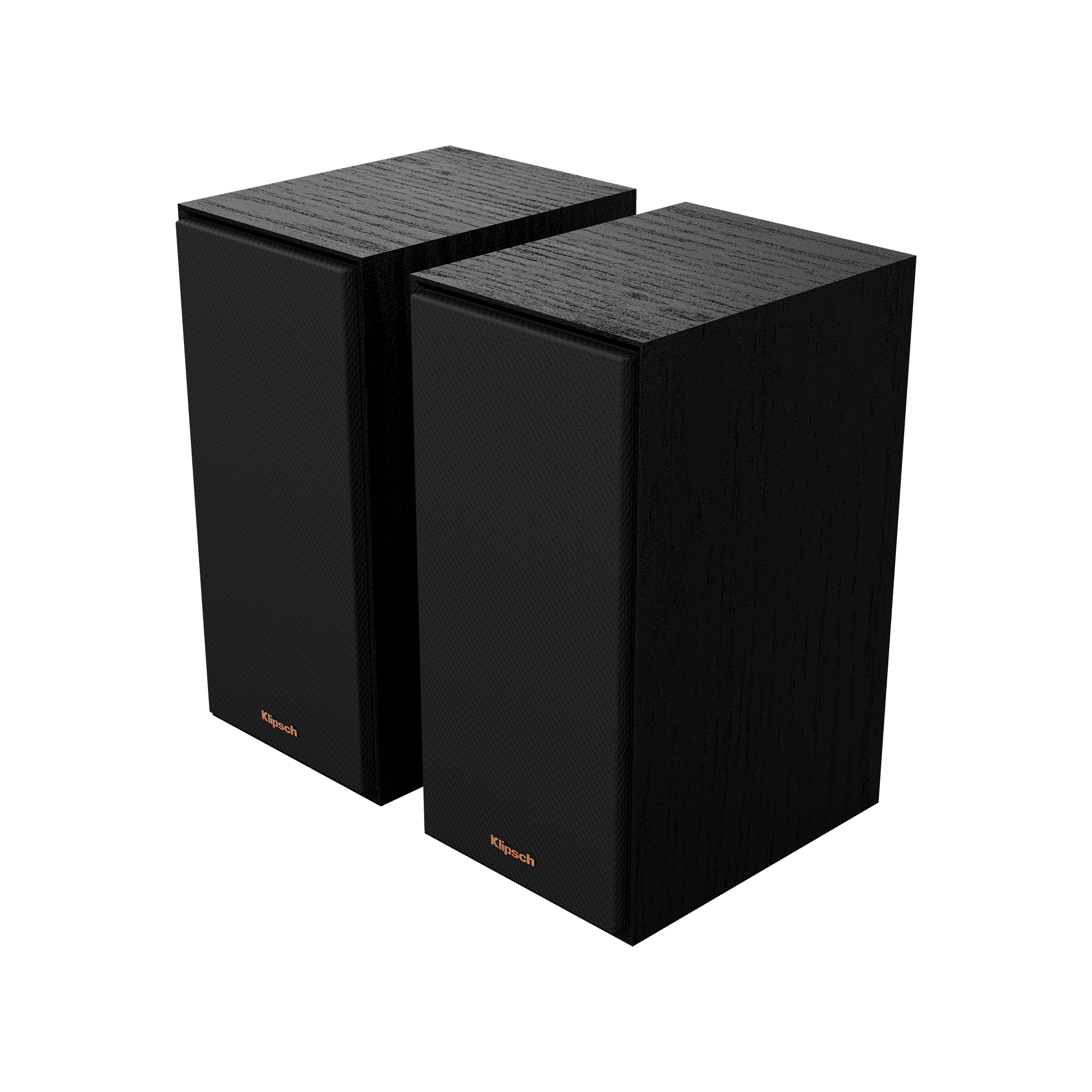 Klipsch R-40Pm Two black klipsch floorstanding speakers with woodgrain tops and textured front grills.