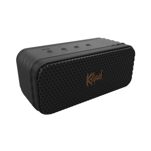 Portable black speaker with perforated front grille, gold King logo, rounded edges, and top control buttons.
