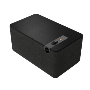 Klipsch wireless bookshelf speaker with a dark wood top, fabric-wrapped cabinet, and a top-mounted control panel.