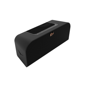 Klipsch portable Bluetooth speaker with black perforated grille, rounded edges, and a central circular control dial.