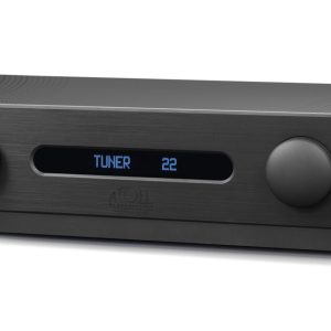 Integrated stereo amplifier IN200 with brushed metal front, two large knobs, and blue LCD display reading TUNER 22