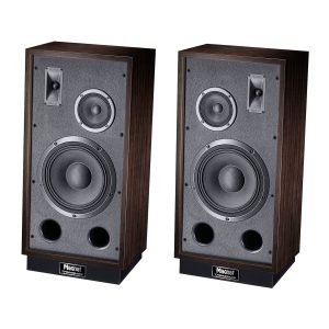 Pair of Magnat bookshelf speakers with wood veneer, gray front panel, large woofer, midrange, dual bass ports, black base