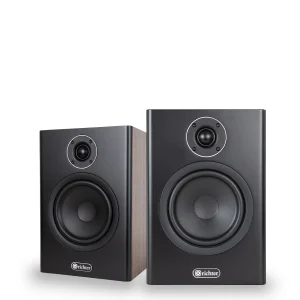 Richter bookshelf speakers pair with black front panels, large woofer, small tweeter, and wood veneer side on left speaker.
