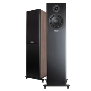 Pair of Richter floorstanding loudspeakers with black enclosures, visible woofer and tweeter, one with wood veneer side panel.
