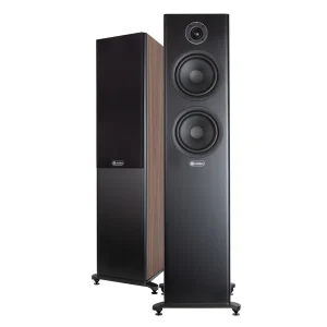 Pair of Richter floorstanding speakers with black fronts, wood side panels, two woofers and a tweeter.