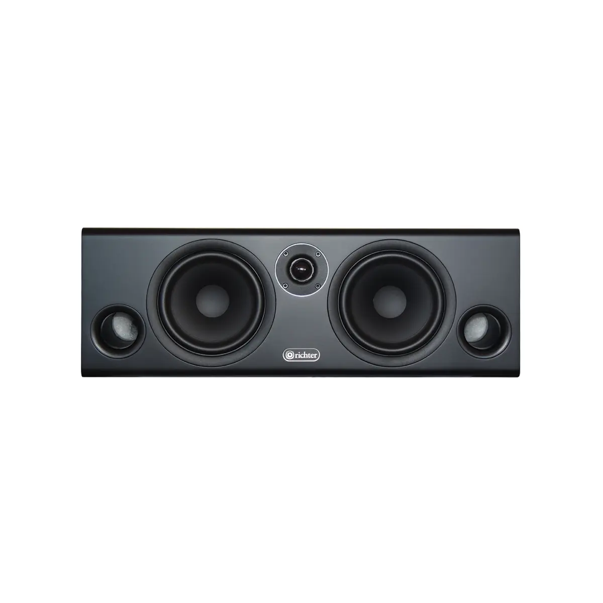 Richter Unicorn S6Plus Lcr Speaker Richter horizontal center speaker with two large woofers, a central tweeter, and two small side ports.