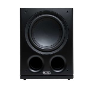 Richter subwoofer with large front woofer and dual front bass ports in a black cabinet.