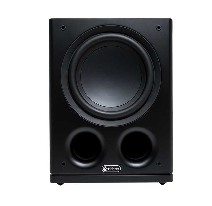 Richter Thor 10.6 S6 Subwoofer Speaker Richter subwoofer with large front woofer and dual front bass ports in a black cabinet.