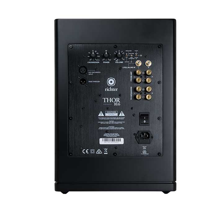 Richter Thor 10.6 S6 Subwoofer Speaker Richter thor 10. 6 active subwoofer, rear panel with multiple input connectors, controls, and power switch.