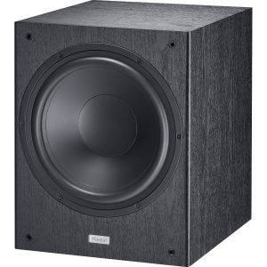 Magnat subwoofer with black wood-grain cabinet and large front-mounted driver.