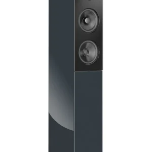 Tall floor-standing speaker with three vertically aligned drivers in a dark glossy cabinet and a base pedestal.