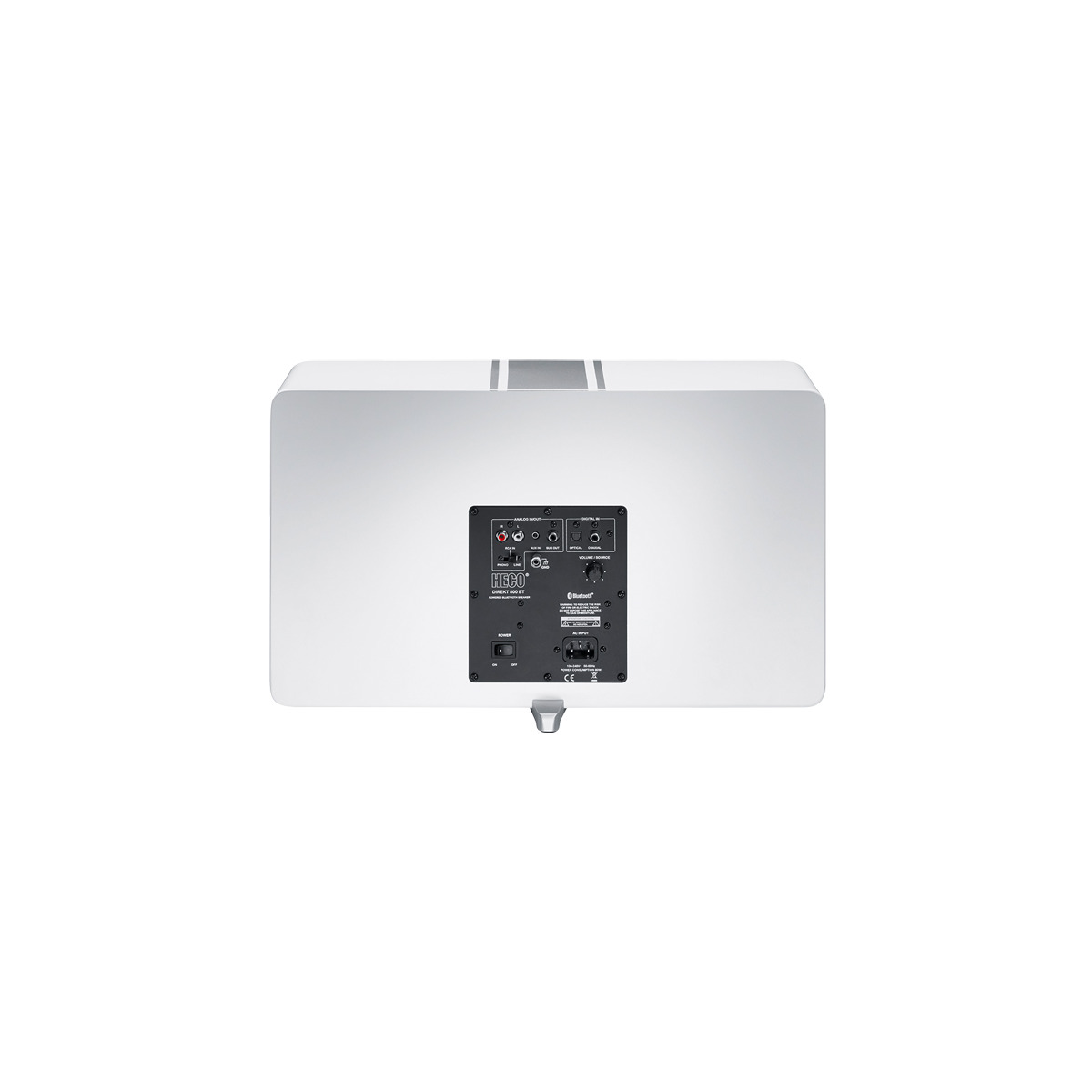 Heco Direkt 800 Bt Loudspeaker System Heco white wireless subwoofer with black rear panel, input connectors, power switch, and bluetooth connectivity.