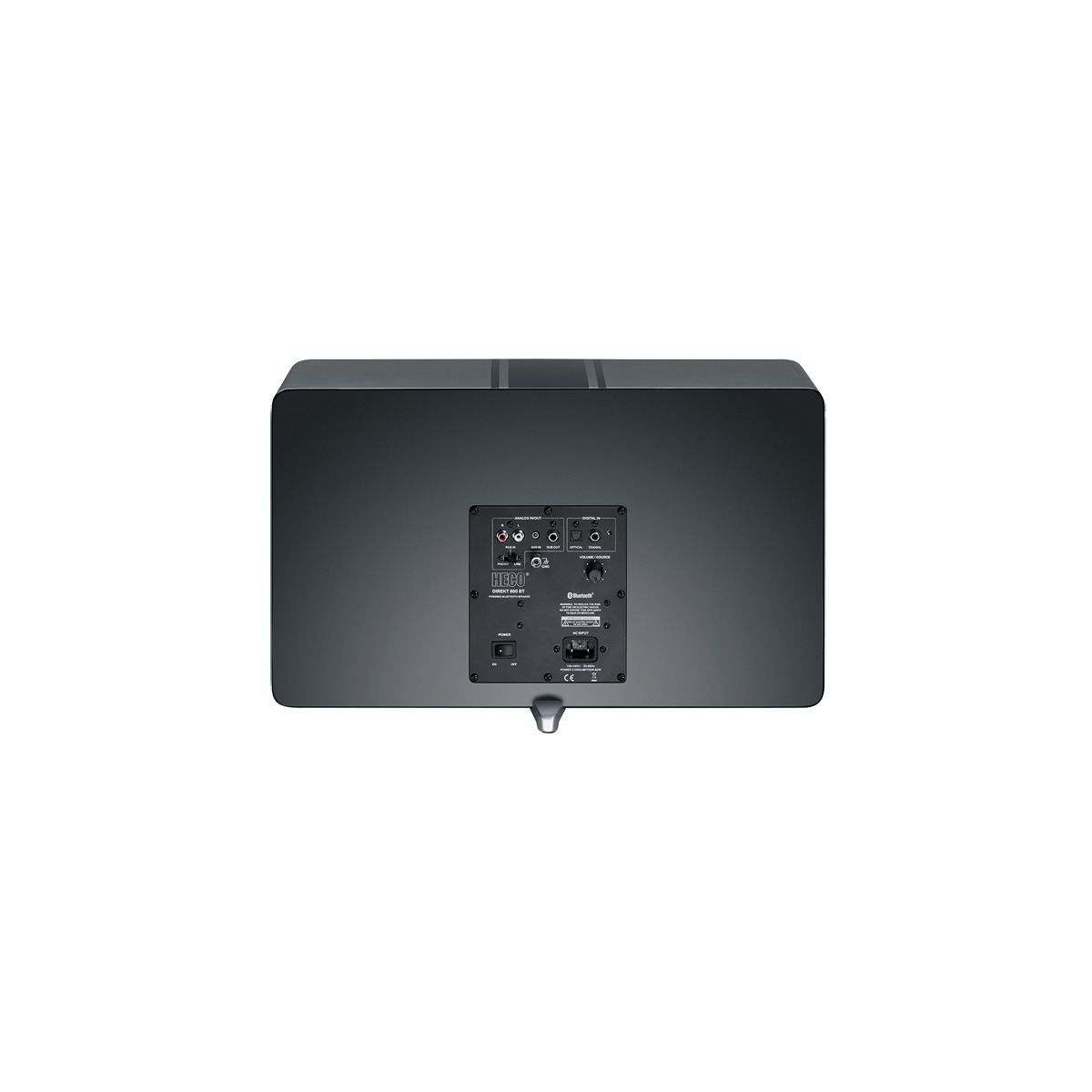 Heco Direkt 800 Bt Loudspeaker System Rear view of a black powered speaker with a control panel, multiple inputs, power switch, and bluetooth logo.