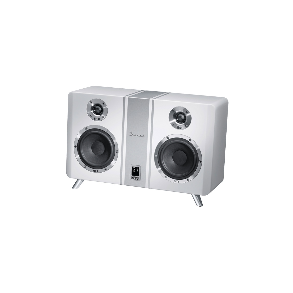 Heco Direkt 800 Bt Loudspeaker System Heco stereo speaker system with two large front woofers, two small tweeters, and a silver-white cabinet.