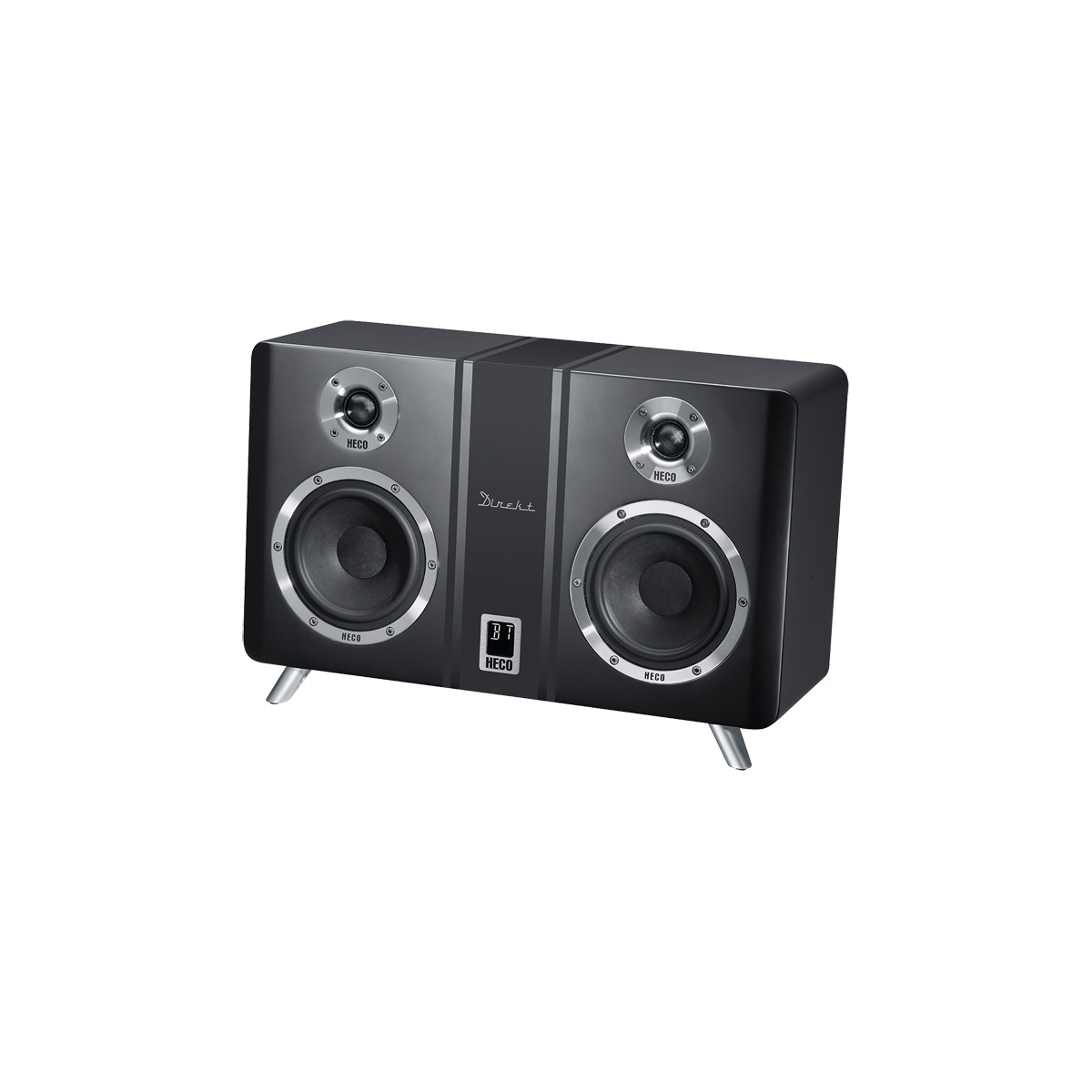 Heco Direkt 800 Bt Loudspeaker System Heco direkt dual-woofer stereo loudspeakers with two top tweeters in a black enclosure, silver rings, and angled metal legs.