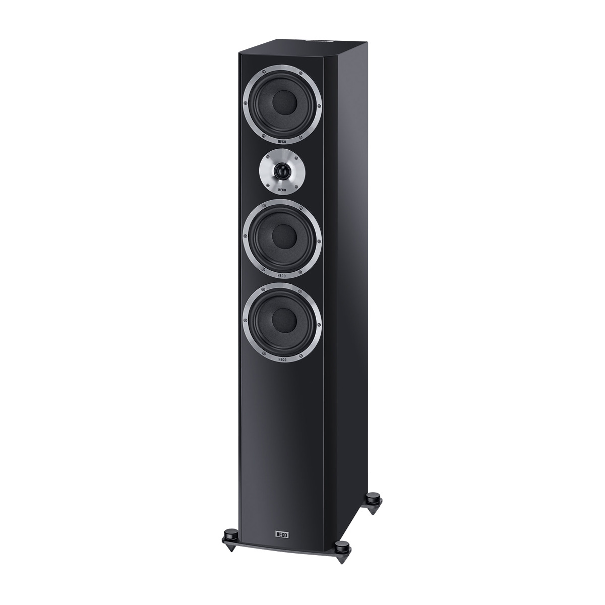 Heco Elementa 700 Floor Standing Speaker Heco floorstanding loudspeaker with four drivers in a tall black cabinet and silver circular mounts.