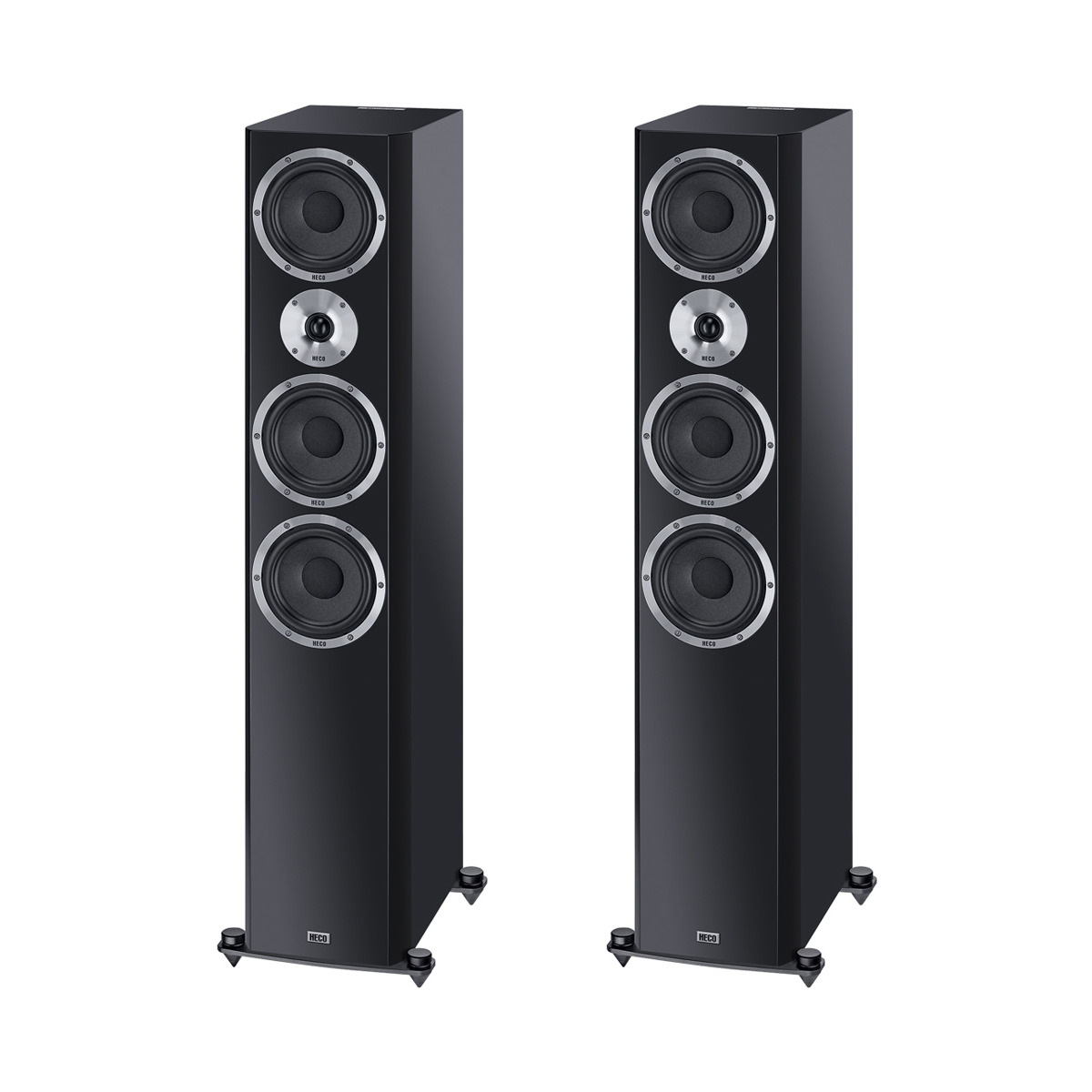 Heco Elementa 700 Floor Standing Speaker Pair of heco black floorstanding loudspeakers with four drivers and metal ring surrounds.