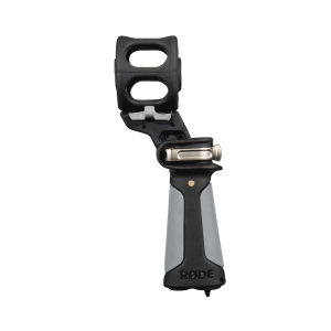 RODE handheld microphone grip with gray panels and dual-holed top clamp.