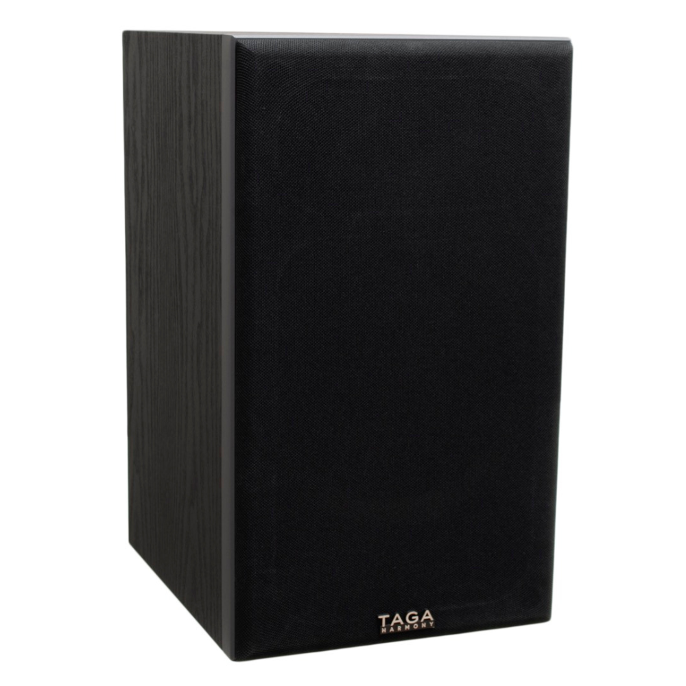 Taga Harmony Azure B-40 V.3 Bookshelf Speakers Taga harmony speaker with black fabric grille and dark wood veneer cabinet.