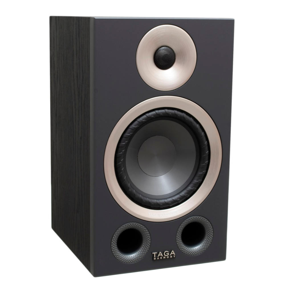 Taga Harmony Azure B-40 V.3 Bookshelf Speakers Taga harmony bookshelf speaker with black front panel, rose-gold rings around tweeter and woofer, and dual bass ports