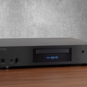 Taga Harmony CD player with blue LED display, front loading disc tray, standby, phones, and volume controls.