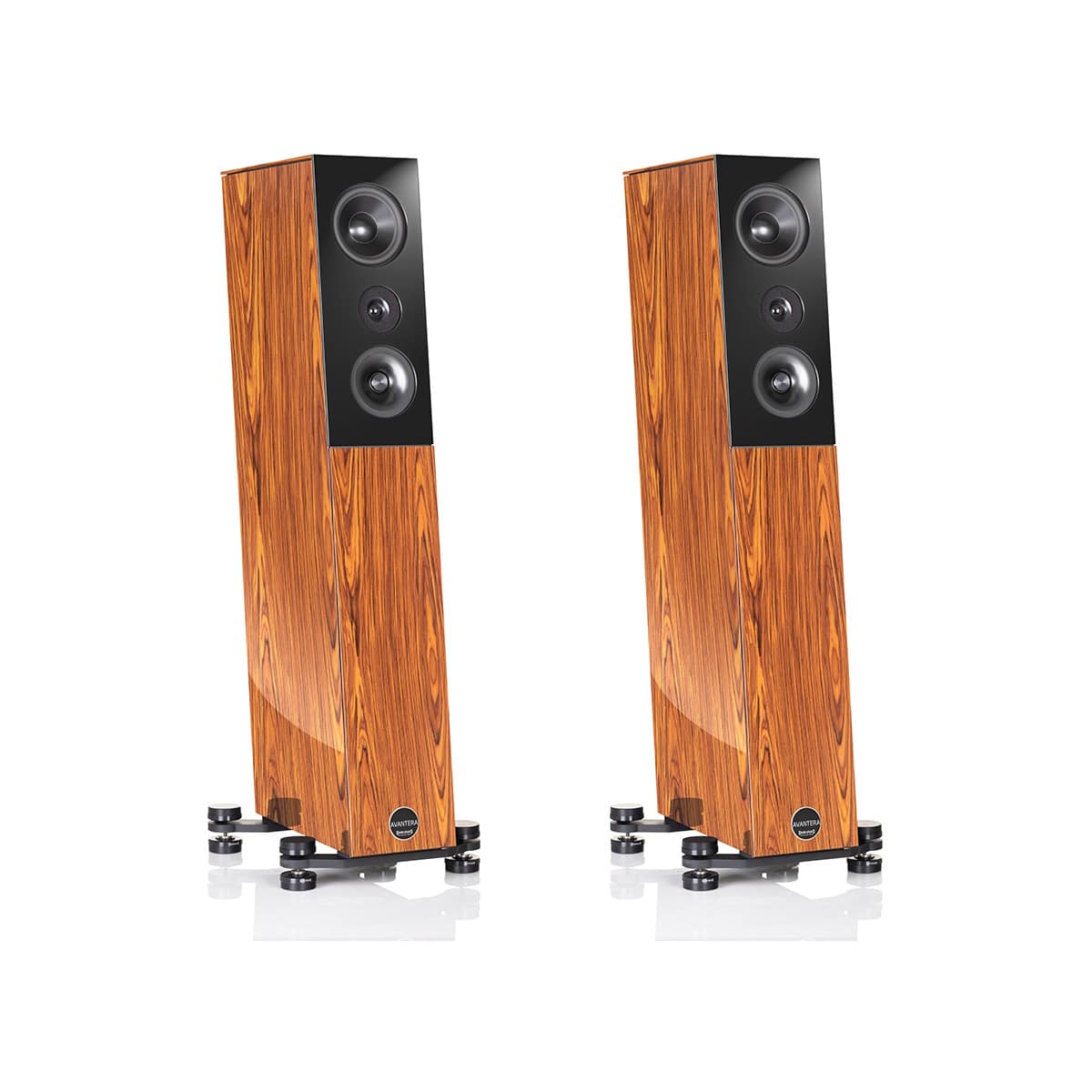 Audio Physic Avantera Floor Standing Speaker Pair of tall wood-veneer floorstanding speakers with black front panels and three drivers