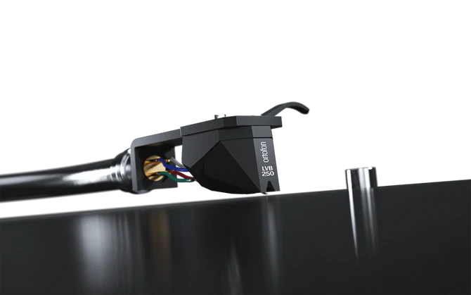 Ortofon 2M Black Lvb 250 Replacement Stylus - Limited Edition Ortofon lvb 250 phono cartridge mounted on a tonearm with a faceted black housing and exposed wiring.