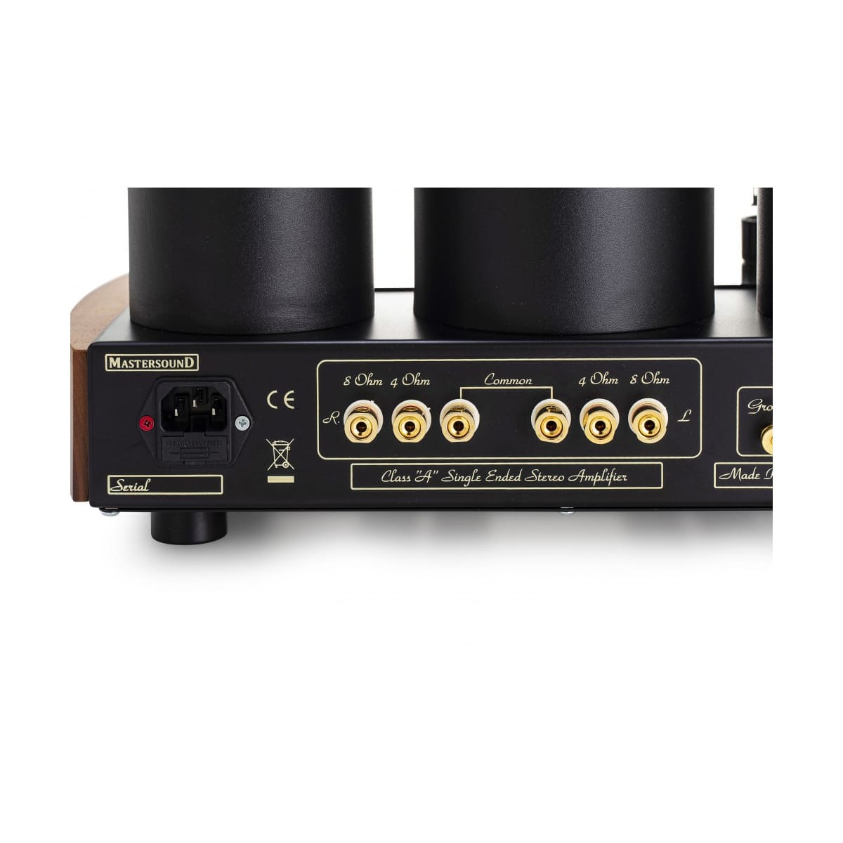 Mastersound Dueundici Tube Amplifier Mastersound class a single-ended stereo amplifier rear panel with two large vacuum tubes and gold speaker binding posts.