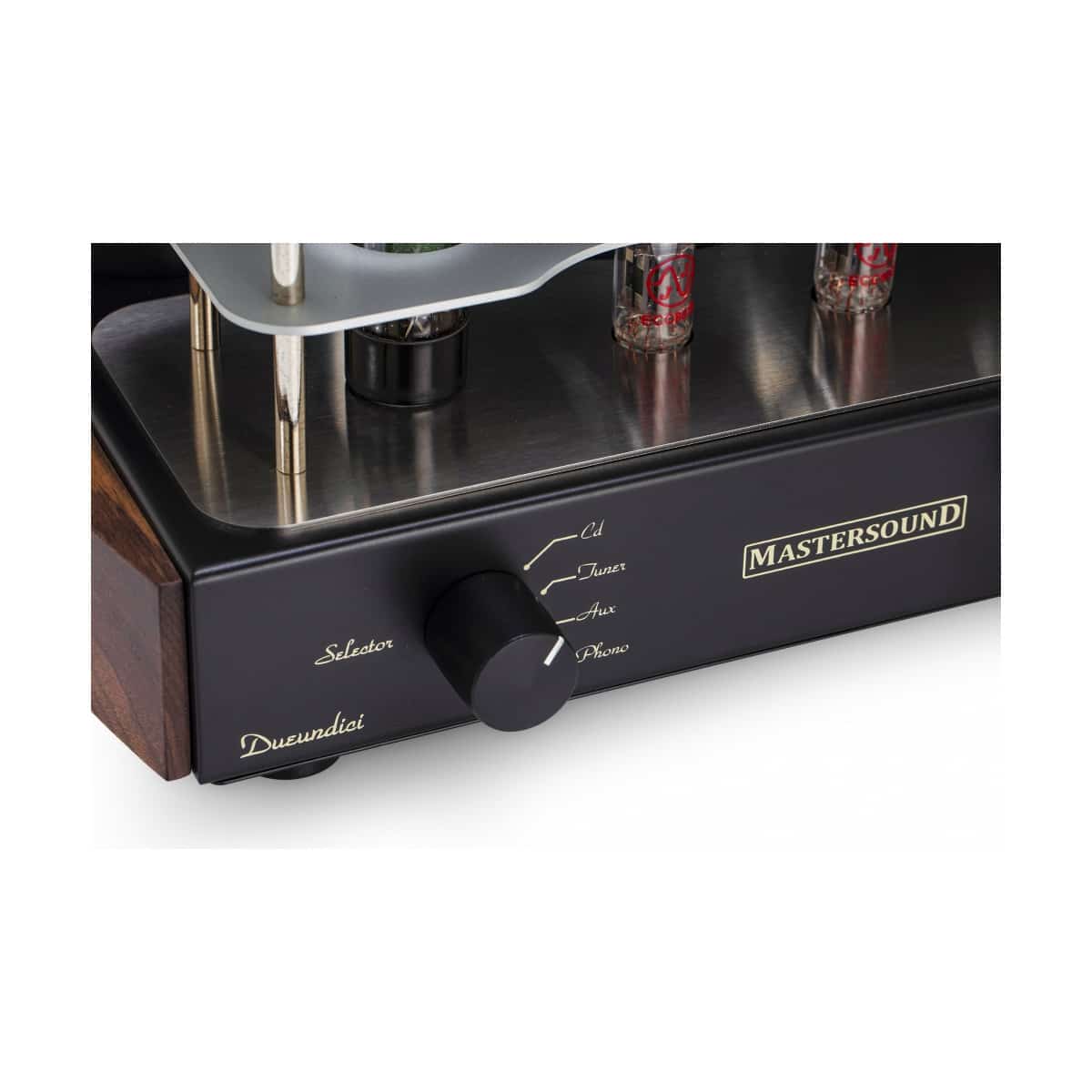 Mastersound Dueundici Tube Amplifier Mastersound dueundici tube amplifier with wood side panels and visible vacuum tubes.