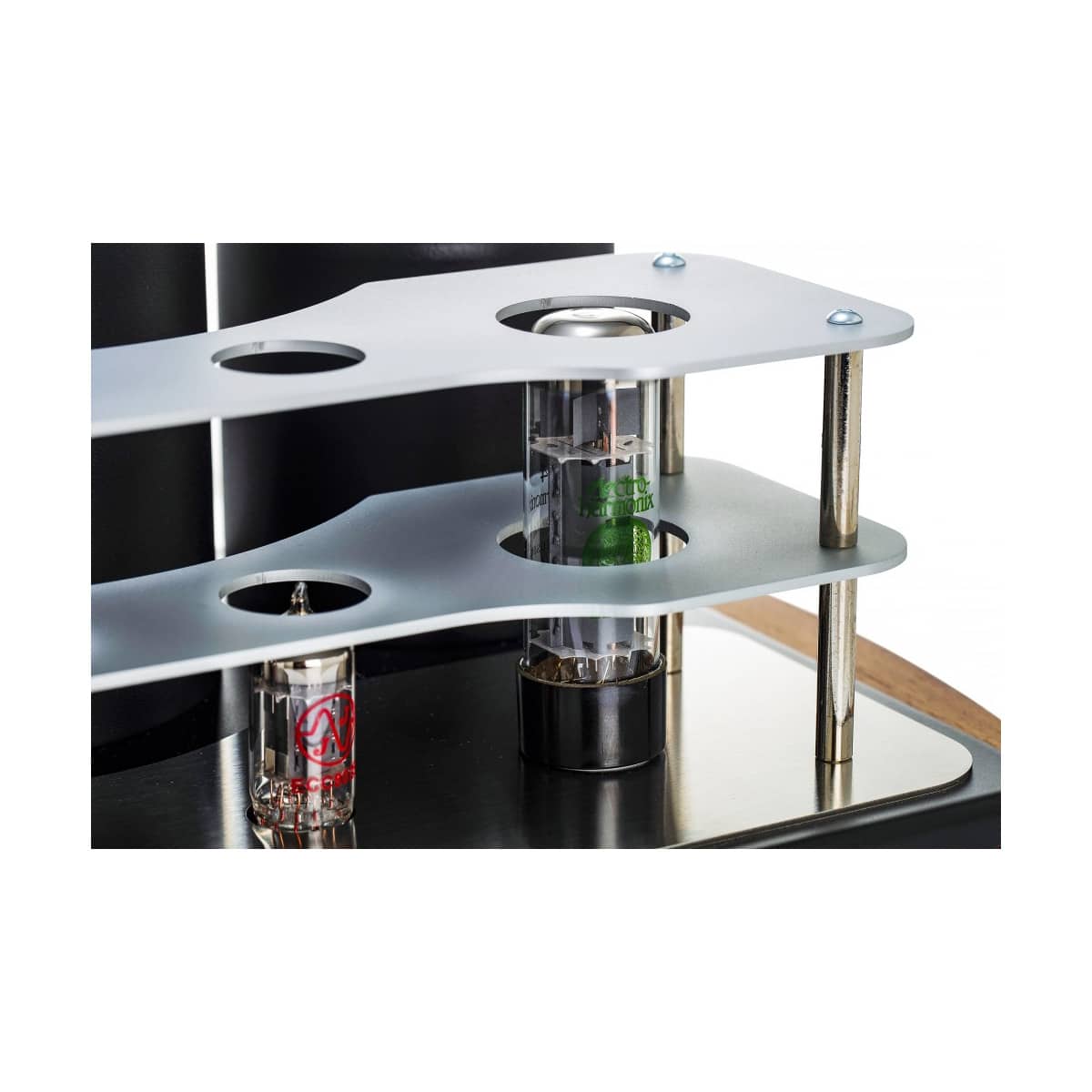 Mastersound Dueundici Tube Amplifier Two-tier metal display stand holding glass vacuum tubes with green and red logos on a black surface