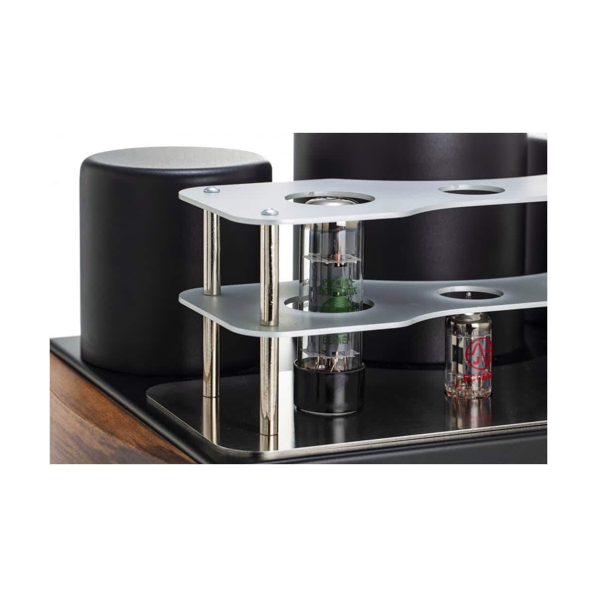 Mastersound Dueundici Tube Amplifier Tube amplifier with glass vacuum tubes, two-tier metal shelves, chrome supports, and black base.