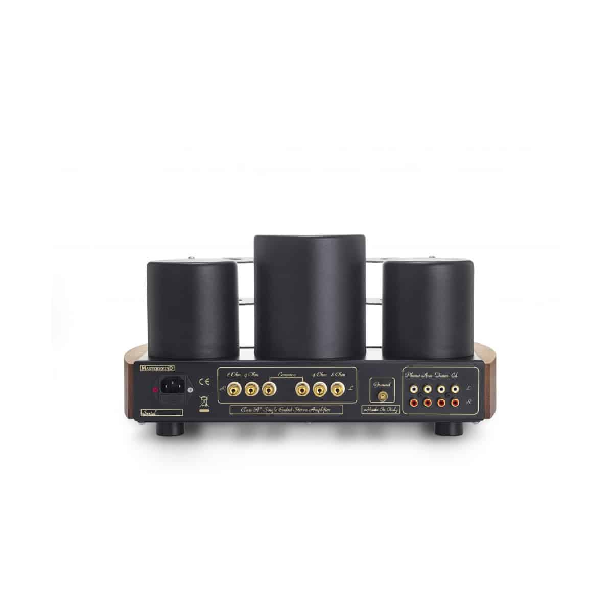 Mastersound Dueundici Tube Amplifier Mastersound tube stereo amplifier with three large vacuum tubes, black front panel, wood sides, and gold connector terminals.