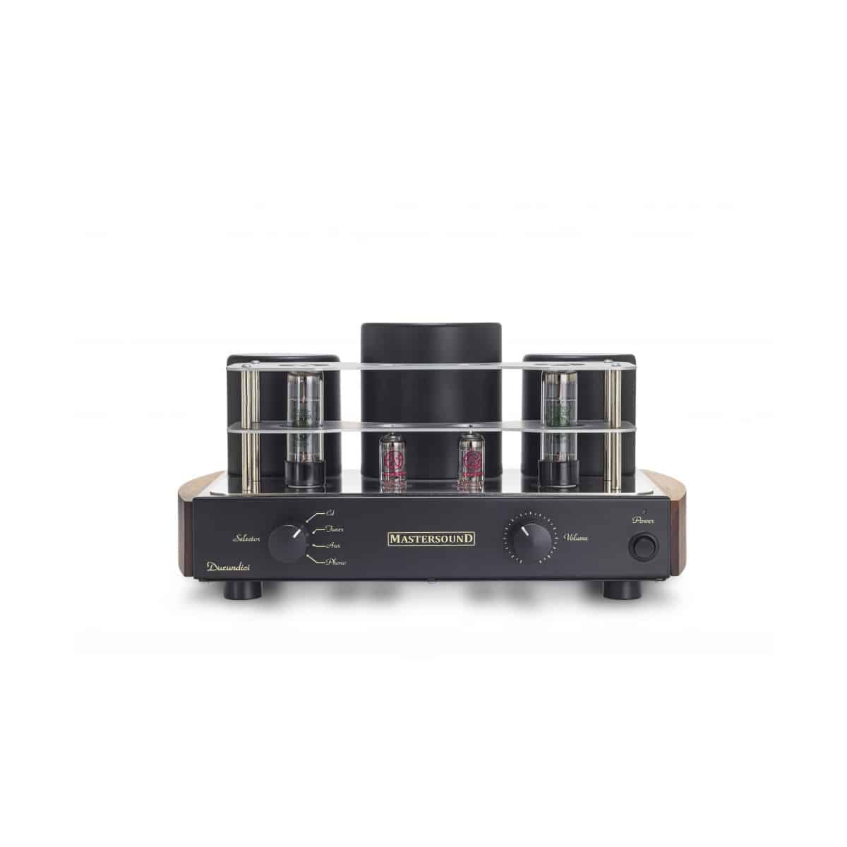 Mastersound Dueundici Tube Amplifier Mastersound tube amplifier with vacuum tubes on top, black front panel, and wood side panels.