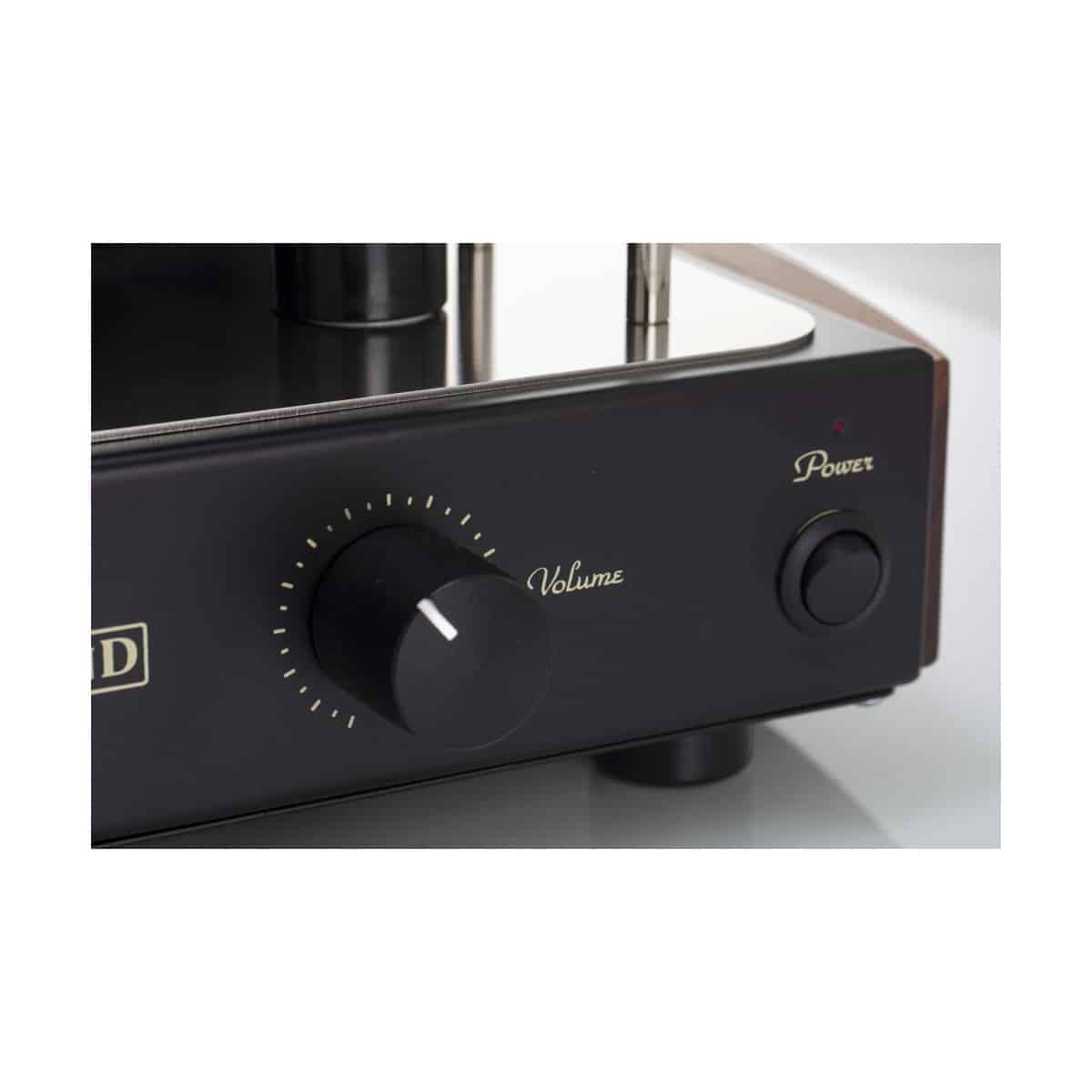 Mastersound Dueundici Tube Amplifier Black vintage-style espresso machine front panel with a large volume knob, power indicator, and chrome top accents.
