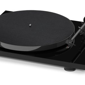Interdyn Black glossy turntable with a textured platter, straight tonearm, and cartridge on a low-profile base.